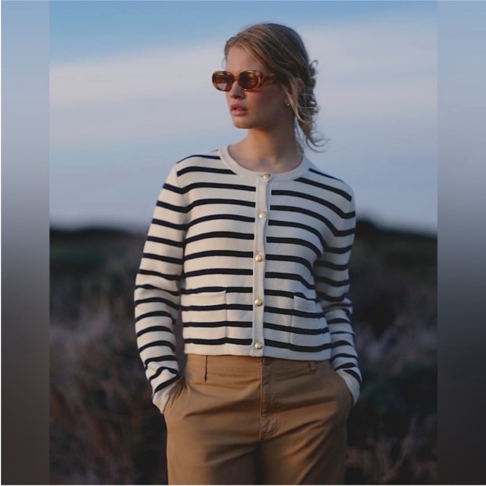 J. Crew Emilie Lady Jacket Sweater White with Navy Stripe Gold Buttons Large EUC